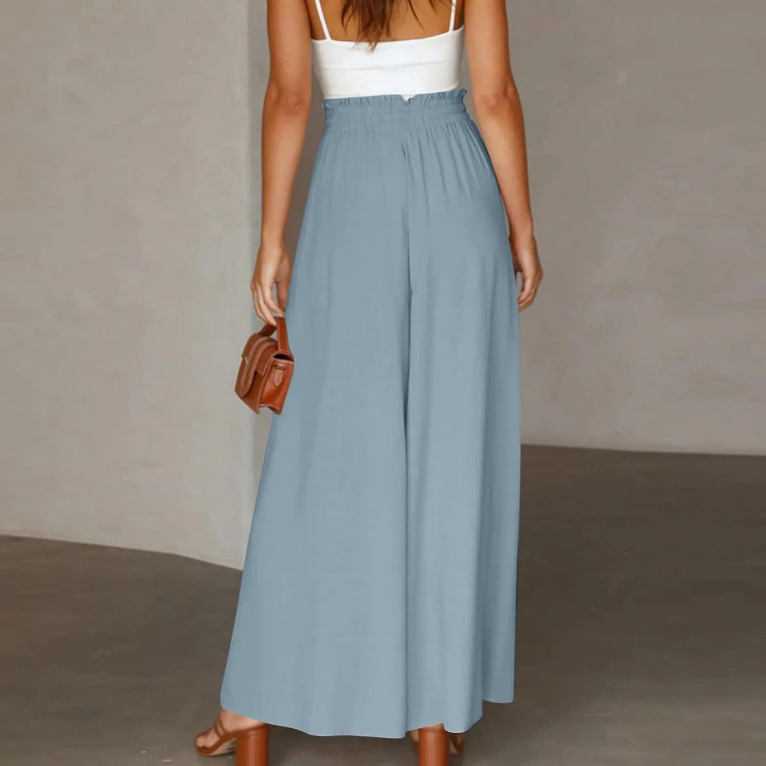 Wide Leg Dress Pants for Women Drawstring Pants Casual High Waisted Baggy Chiffon Palazzo Pant Lounge Beach Trousers