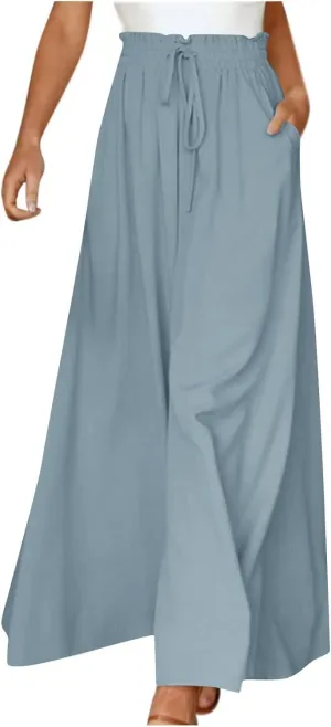 Wide Leg Dress Pants for Women Drawstring Pants Casual High Waisted Baggy Chiffon Palazzo Pant Lounge Beach Trousers