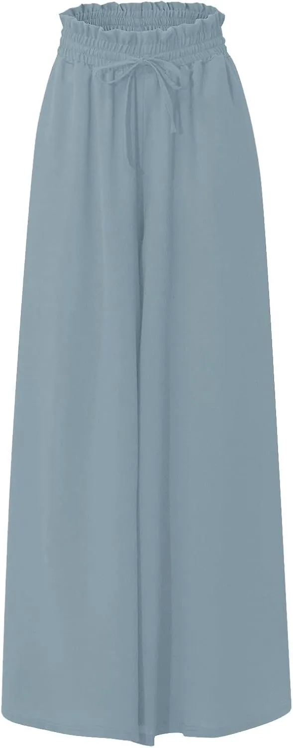 Wide Leg Dress Pants for Women Drawstring Pants Casual High Waisted Baggy Chiffon Palazzo Pant Lounge Beach Trousers