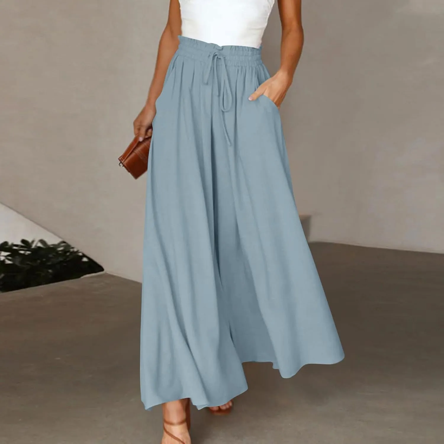 Wide Leg Dress Pants for Women Drawstring Pants Casual High Waisted Baggy Chiffon Palazzo Pant Lounge Beach Trousers