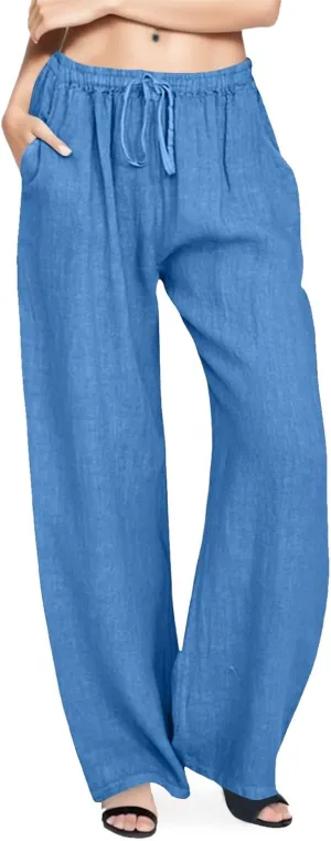 Wide Leg Linen Pants Women Summer Casual Linen Wide Leg Pants with Pockets Drawstring Beach Palazzo Pants Lounge Trousers, 3X-Large, #C2-blue