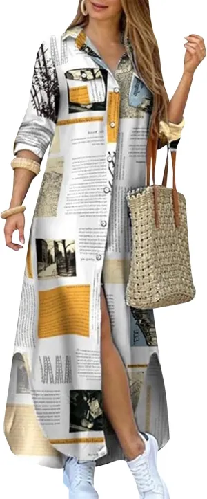 WIWIQS Women's Casual Loose Maxi Shirt Dress Lapel Rolled up Sleeve Button Down Dress Floral Print Open Front Long Dresses