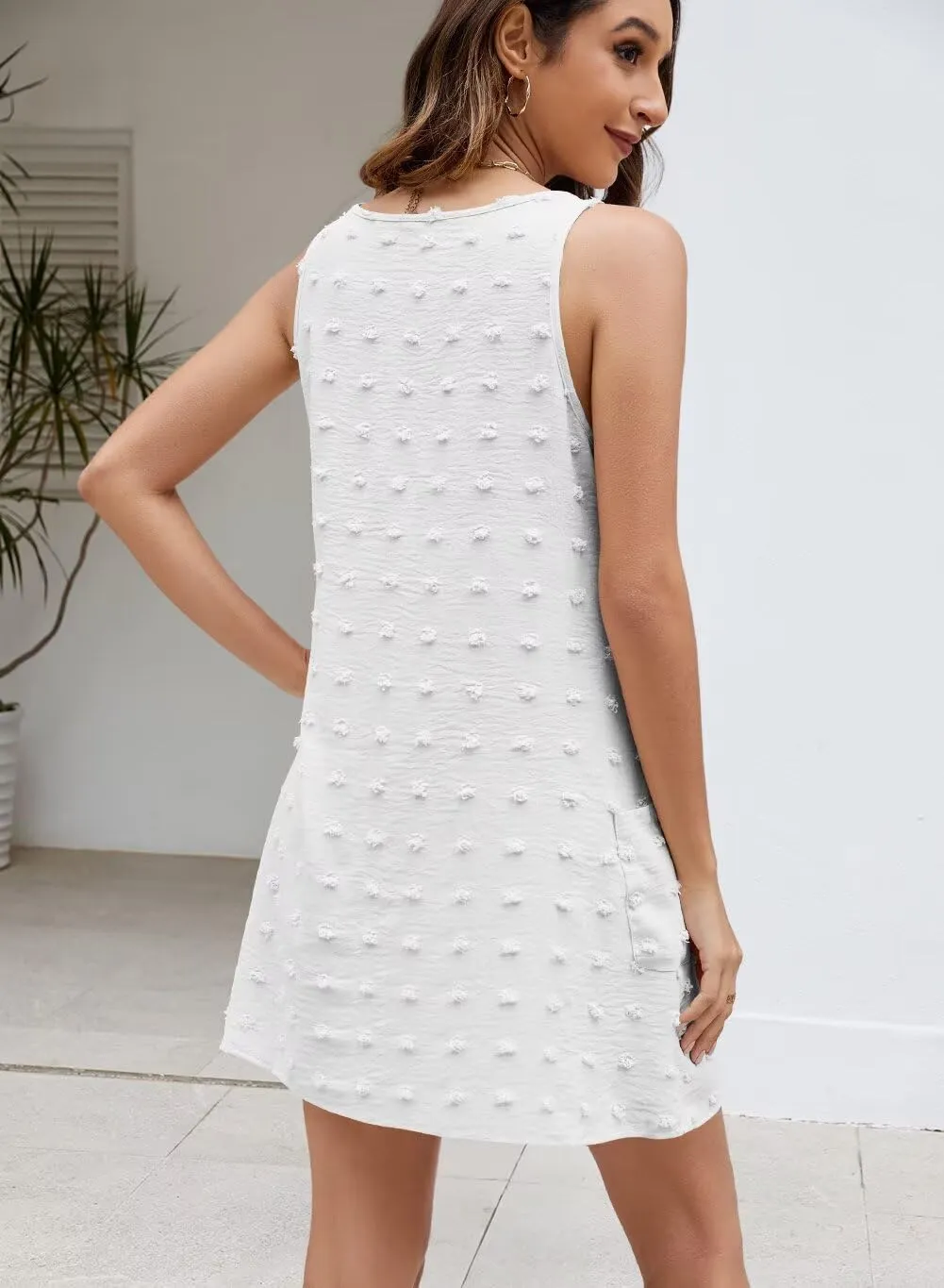Wkior Womens Casual Summer Sundress 2025 Swiss Polka Dot Beach Swimsuit Cover Up V Neck Vacation Tank Dress with Pockets