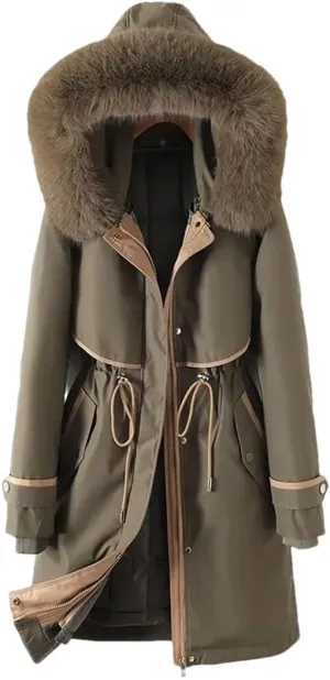 Woman Parker Cotton-Padded Jacket Long Liner Detachable Coat Waist Thick Warm Cotton-Padded Jacket Outwear Army EN8 L