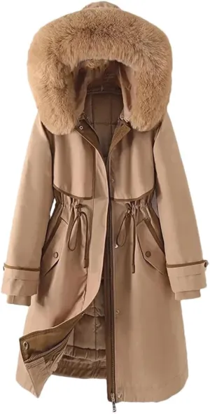 Woman Parker Cotton-Padded Jacket Long Liner Detachable Coat Waist Thick Warm Cotton-Padded Jacket Outwear Khaki M