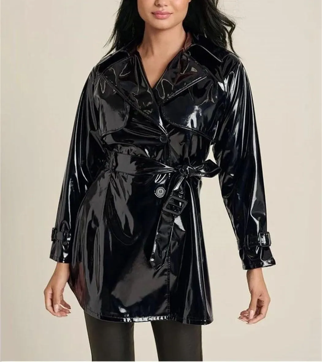 Women Black Shiny Faux Leather Jacket Female Lapel Belted Solid Color Glossy PU Waterproof Trench Coats