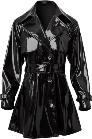 Women Black Shiny Faux Leather Jacket Female Lapel Belted Solid Color Glossy PU Waterproof Trench Coats
