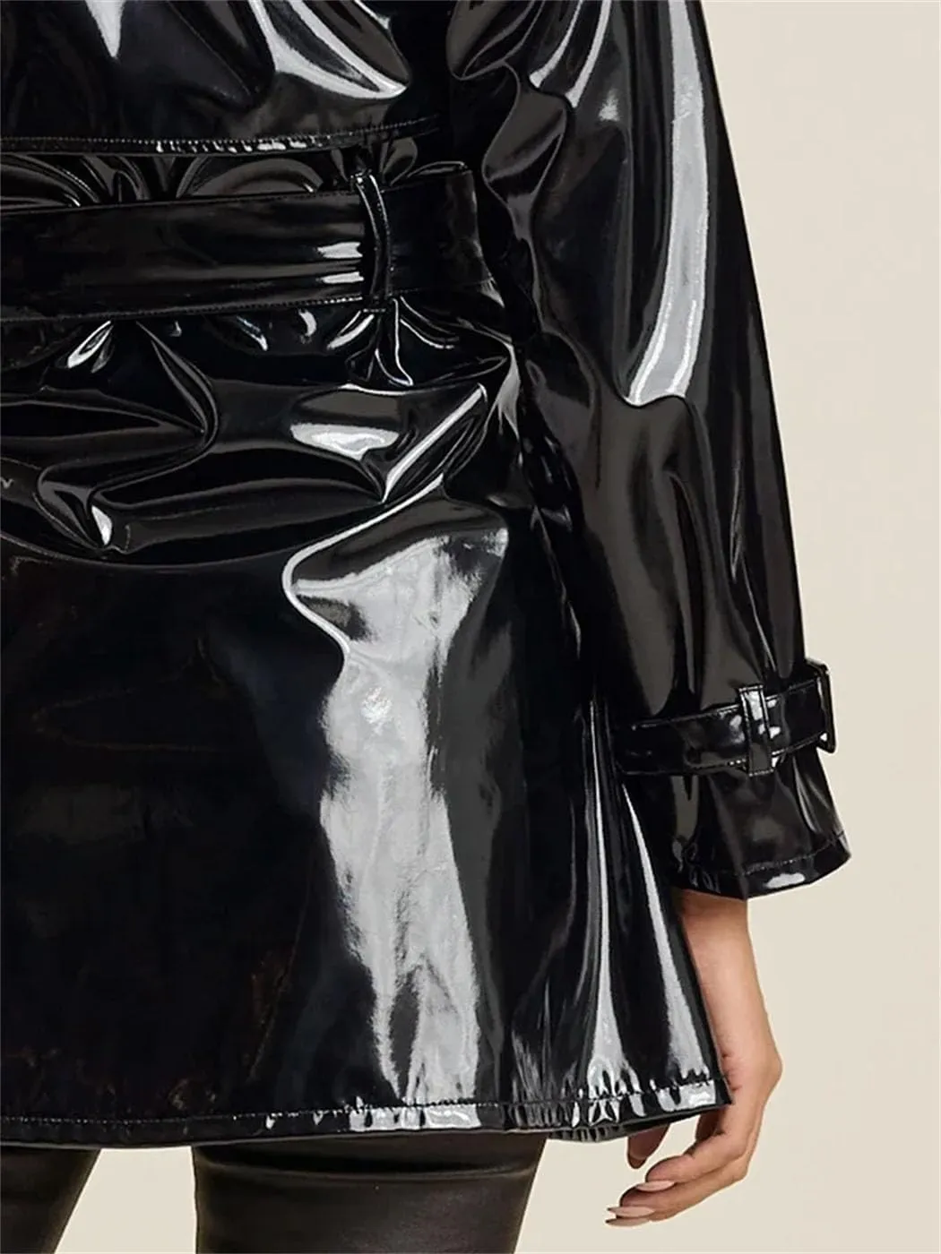 Women Black Shiny Faux Leather Jacket Female Lapel Belted Solid Color Glossy PU Waterproof Trench Coats