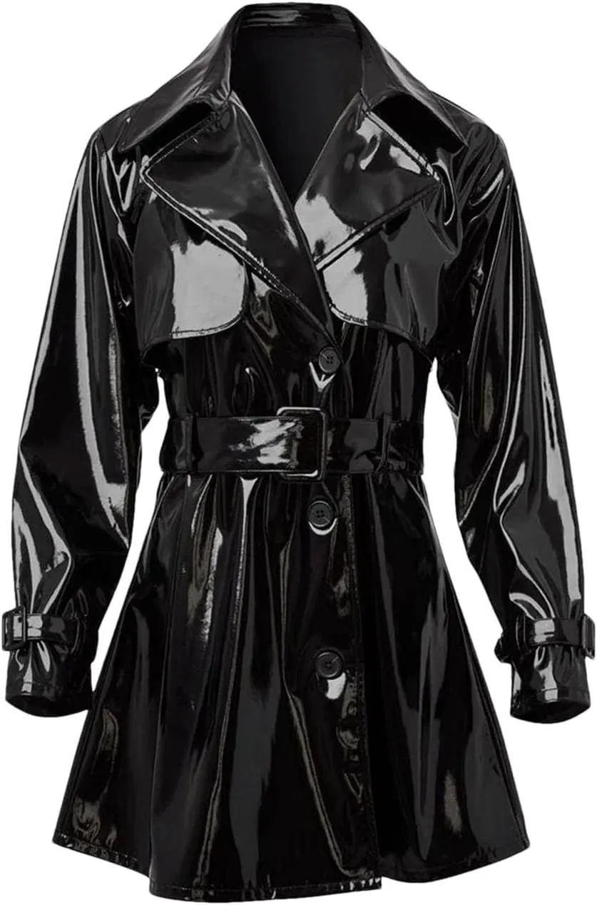 Women Black Shiny Faux Leather Jacket Female Lapel Belted Solid Color Glossy PU Waterproof Trench Coats