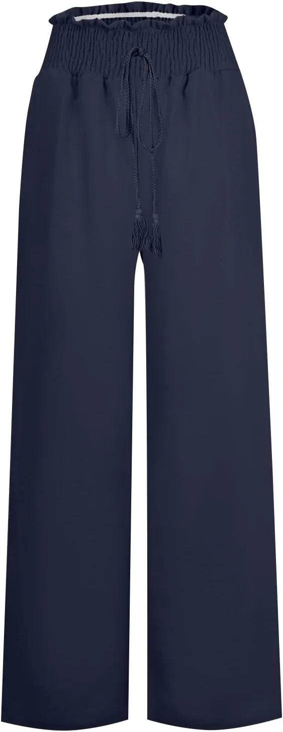 Women Cotton Linen Summer Casual Flowy Pants Elastic Waisted Bootcut Slim Fit Pant Trousers Travel