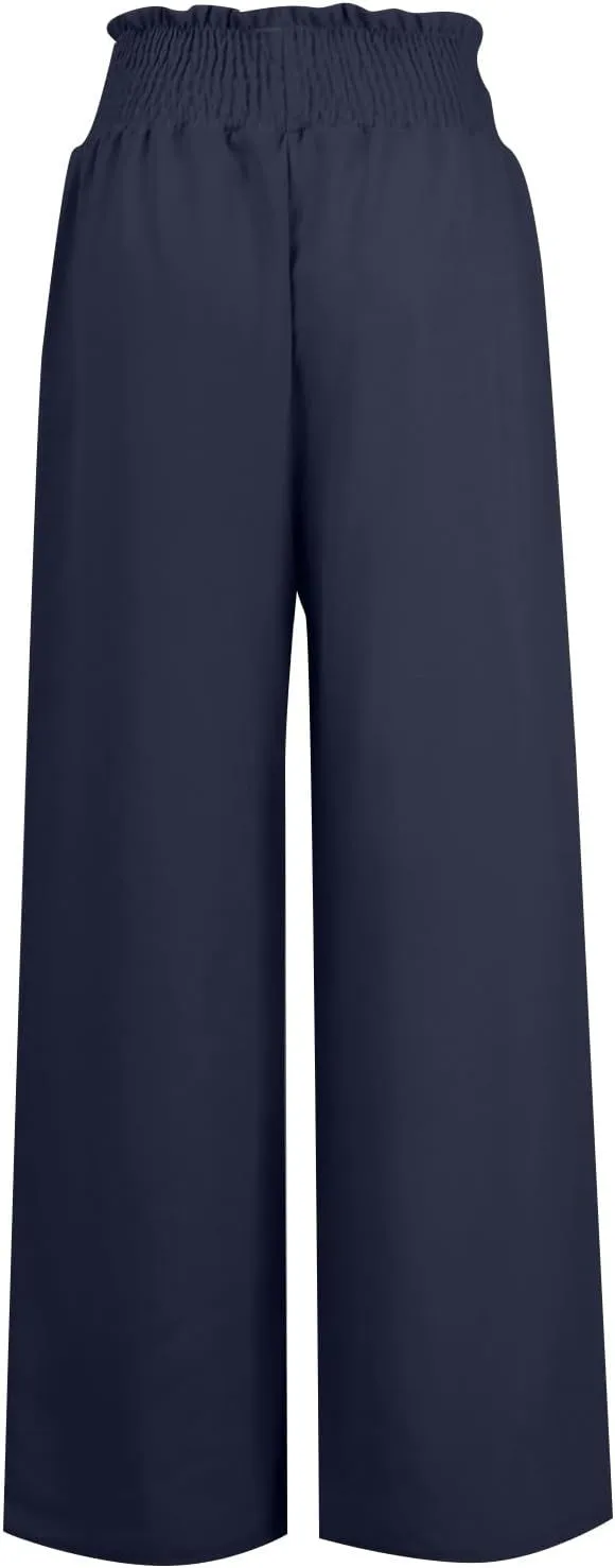 Women Cotton Linen Summer Casual Flowy Pants Elastic Waisted Bootcut Slim Fit Pant Trousers Travel