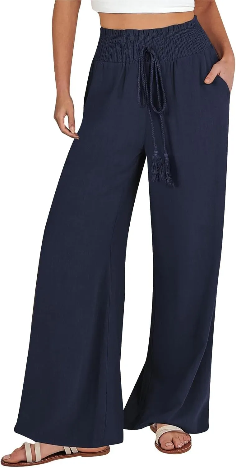 Women Cotton Linen Summer Casual Flowy Pants Elastic Waisted Bootcut Slim Fit Pant Trousers Travel