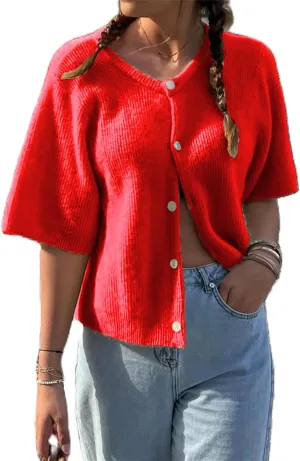 Women Crop Knit Cardigan Casual Short Sleeve Button Down Crewneck Sweater Going Out Tops