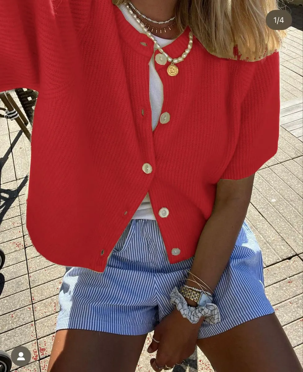 Women Crop Knit Cardigan Casual Short Sleeve Button Down Crewneck Sweater Going Out Tops