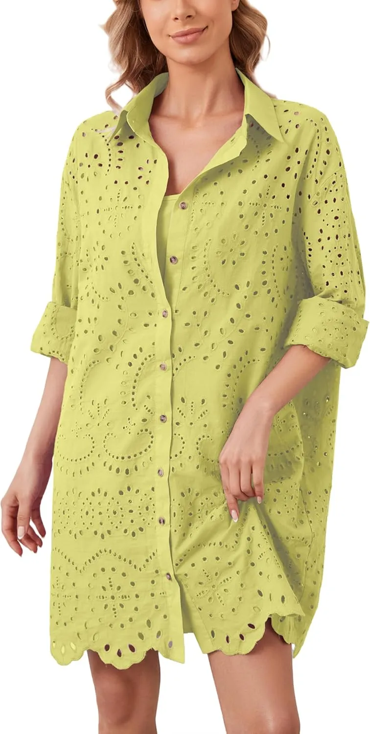 Women Hollow Out Eyelet Button Down Lapel V Neck Long Sleeve Ruffle Flowy Solid Oversized Loose Mini Shirt Dress