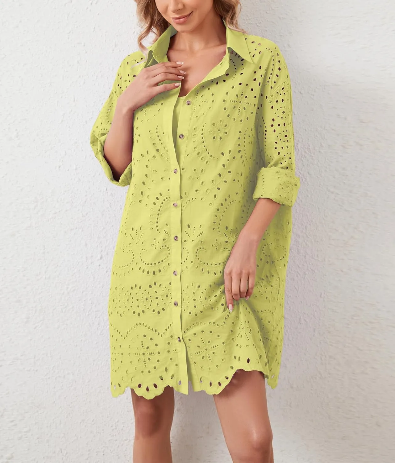 Women Hollow Out Eyelet Button Down Lapel V Neck Long Sleeve Ruffle Flowy Solid Oversized Loose Mini Shirt Dress