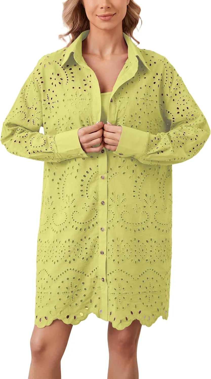 Women Hollow Out Eyelet Button Down Lapel V Neck Long Sleeve Ruffle Flowy Solid Oversized Loose Mini Shirt Dress
