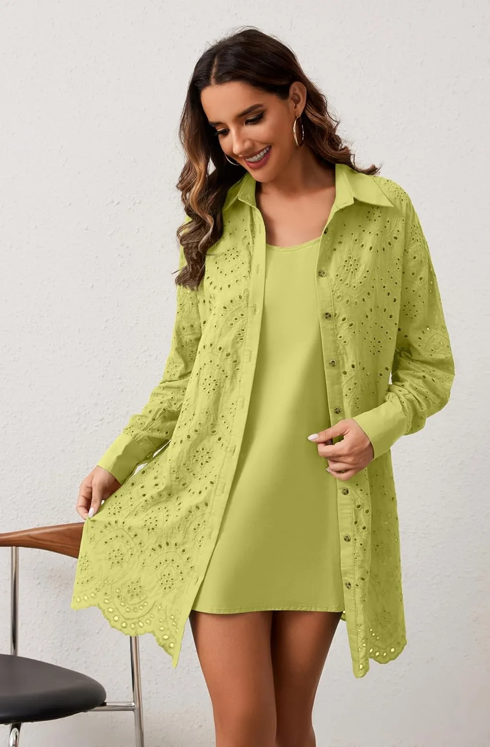Women Hollow Out Eyelet Button Down Lapel V Neck Long Sleeve Ruffle Flowy Solid Oversized Loose Mini Shirt Dress