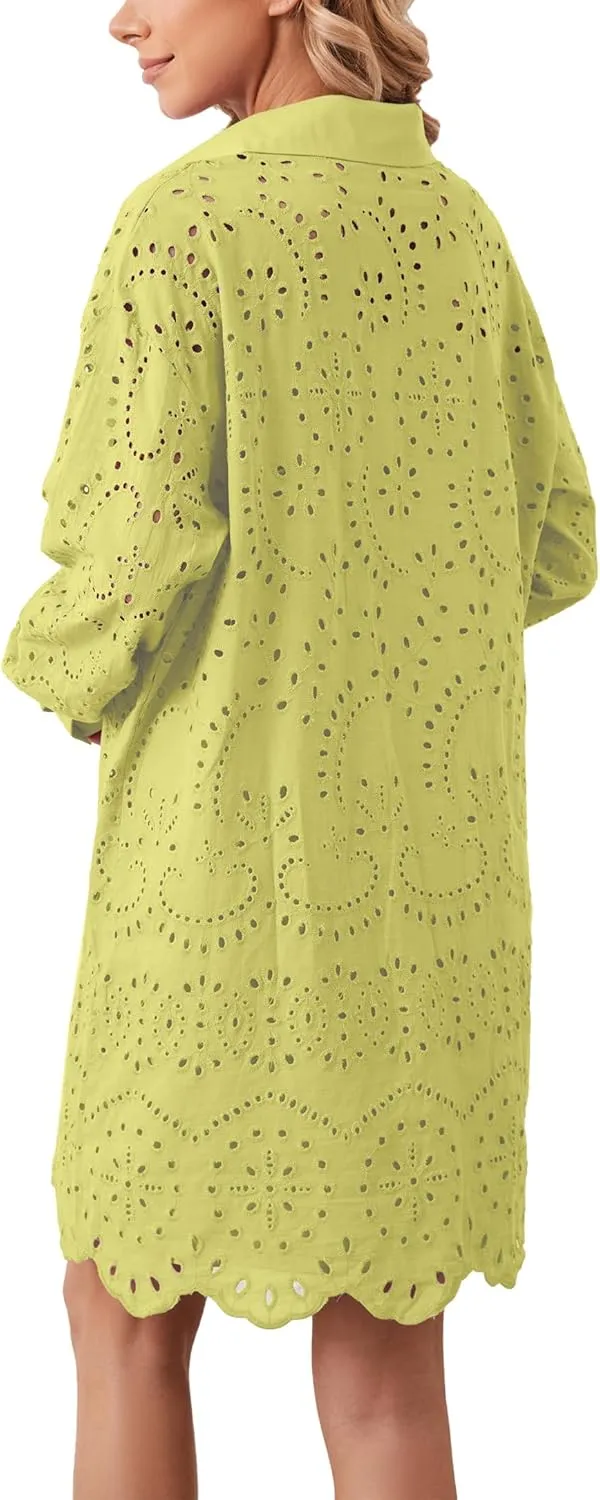 Women Hollow Out Eyelet Button Down Lapel V Neck Long Sleeve Ruffle Flowy Solid Oversized Loose Mini Shirt Dress