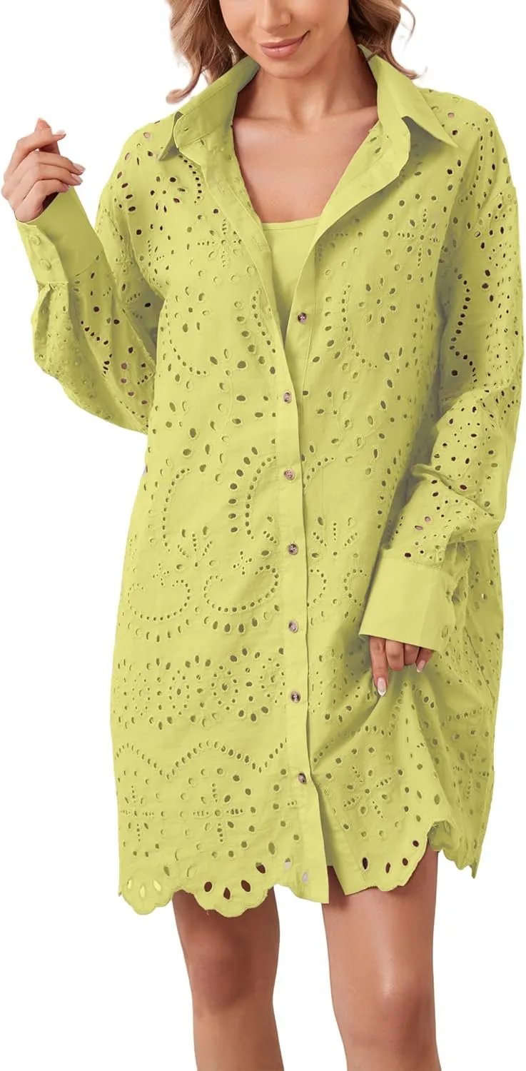 Women Hollow Out Eyelet Button Down Lapel V Neck Long Sleeve Ruffle Flowy Solid Oversized Loose Mini Shirt Dress