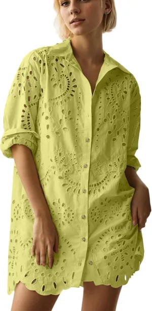 Women Hollow Out Eyelet Button Down Lapel V Neck Long Sleeve Ruffle Flowy Solid Oversized Loose Mini Shirt Dress