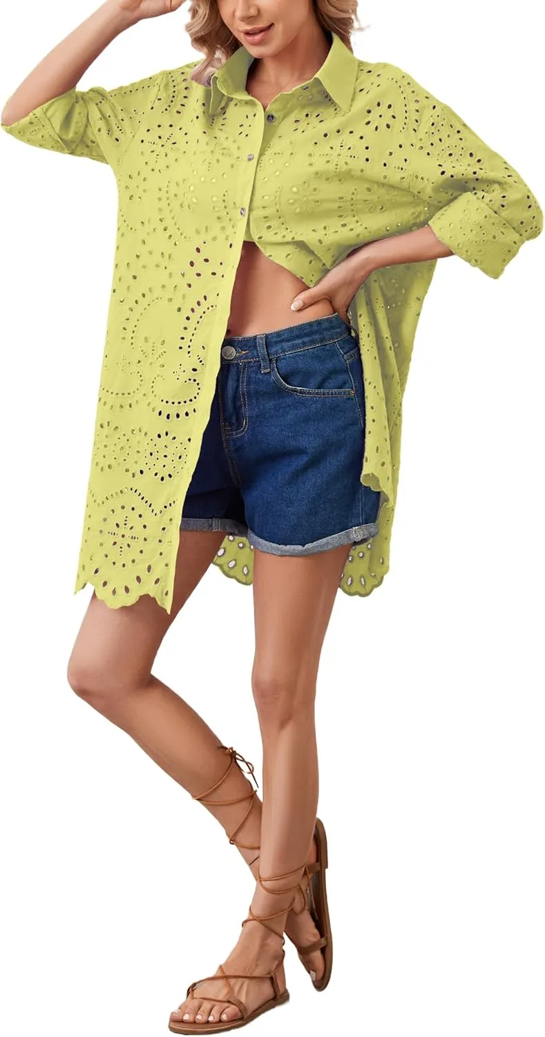 Women Hollow Out Eyelet Button Down Lapel V Neck Long Sleeve Ruffle Flowy Solid Oversized Loose Mini Shirt Dress