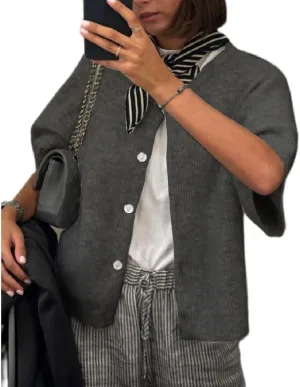 Women Knit Crop Cardigan Y2k Short Sleeve Knitted Shirts Open Front Button Down Sweater Cute Fall Cardigans 2024