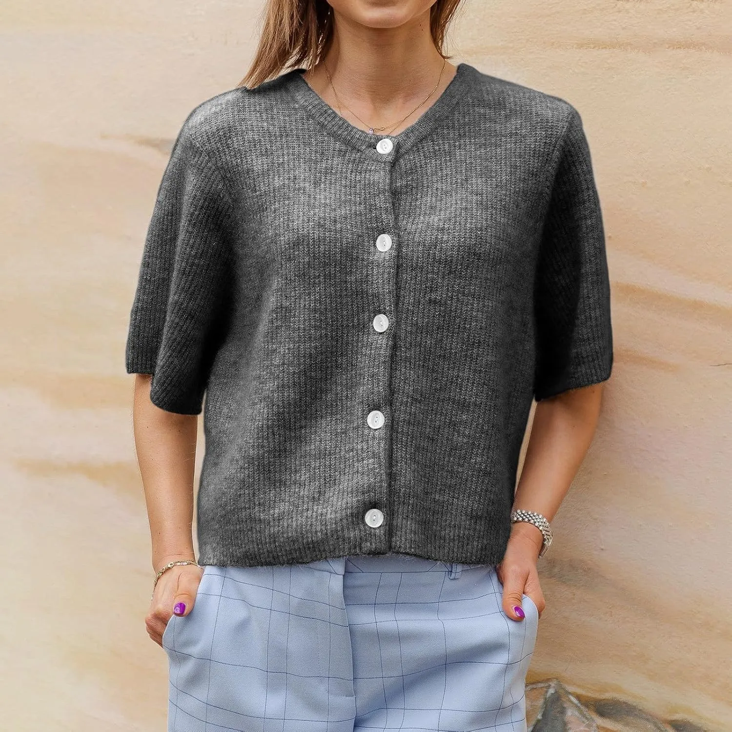 Women Knit Crop Cardigan Y2k Short Sleeve Knitted Shirts Open Front Button Down Sweater Cute Fall Cardigans 2024