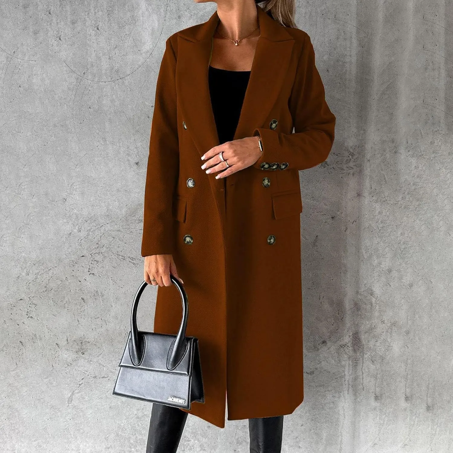Women Length Trench Notched Lapel Double Breasted Casual Coat Winter Thermal Business Office Work Outwear with Pocket