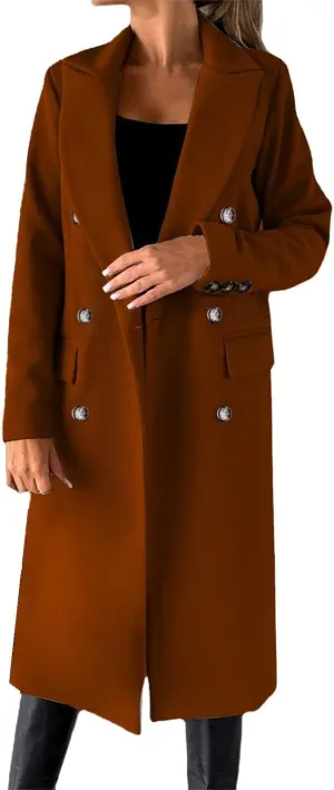 Women Length Trench Notched Lapel Double Breasted Casual Coat Winter Thermal Business Office Work Outwear with Pocket