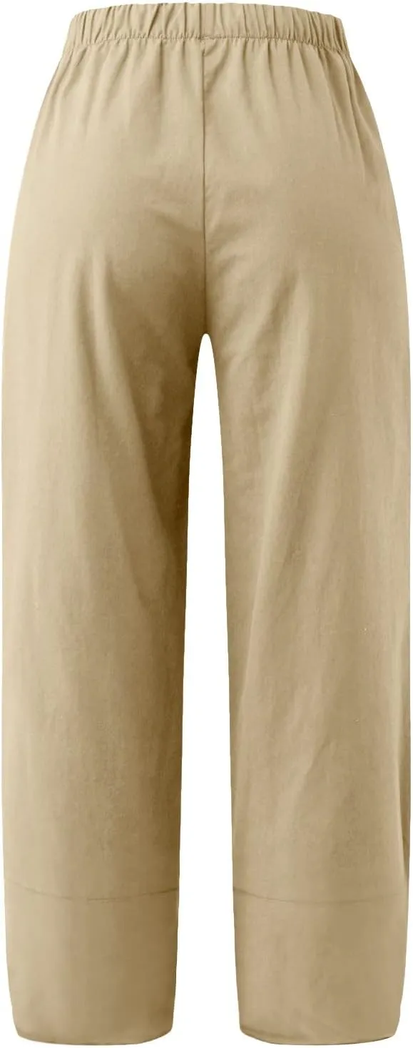 Women Linen Blend Summer Letter Patched Pants High Waist Long Lounge Plus Size Palazzo Lounge Pants Trendy