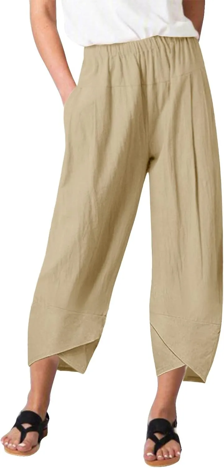 Women Linen Blend Summer Letter Patched Pants High Waist Long Lounge Plus Size Palazzo Lounge Pants Trendy