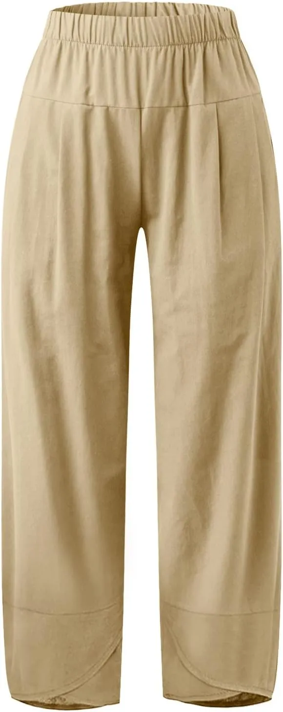 Women Linen Blend Summer Letter Patched Pants High Waist Long Lounge Plus Size Palazzo Lounge Pants Trendy