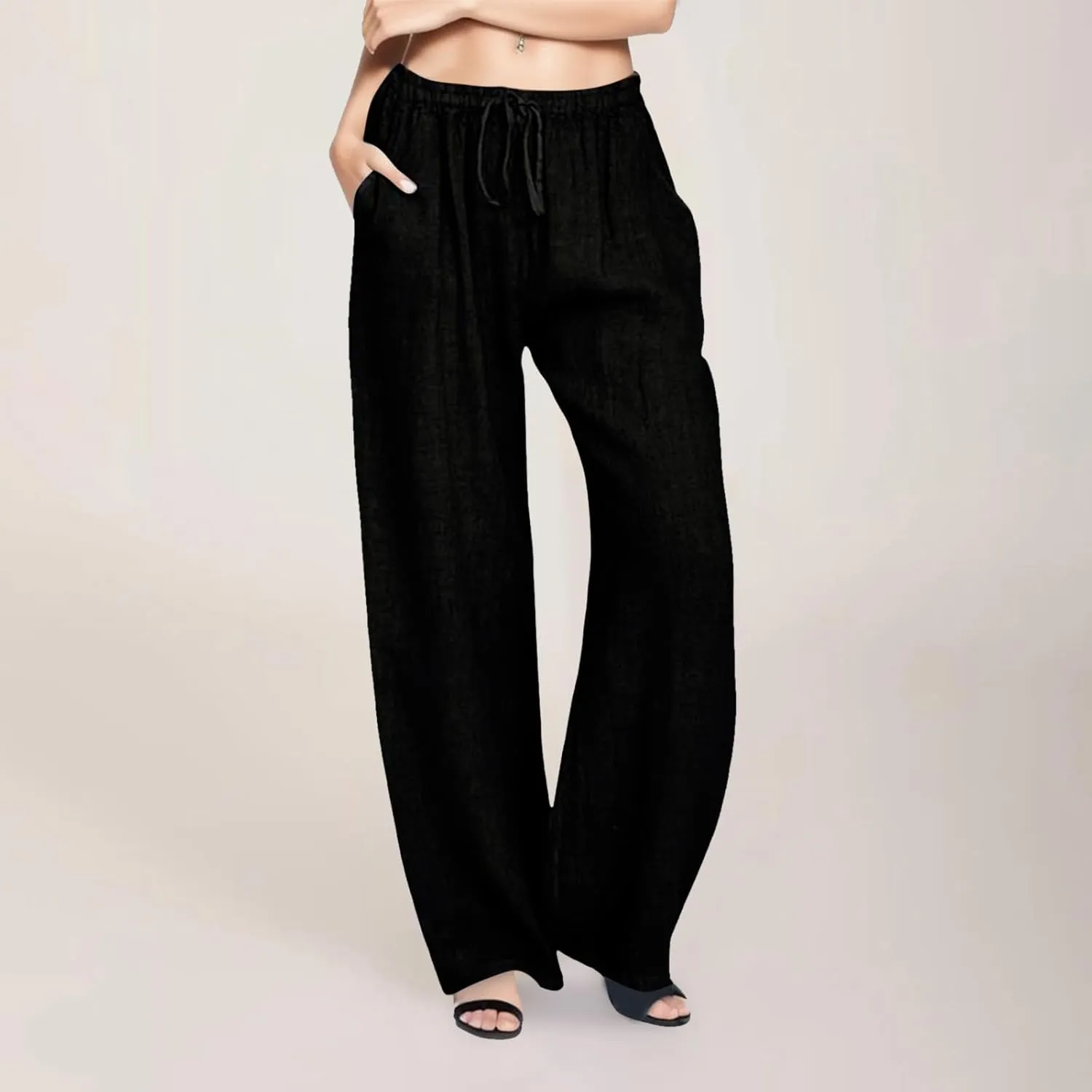 Women Linen Blend Summer Loose Flowy Palazzo Lounge Pants High Waist Bootcut Slim-Fit Trouser Work Business