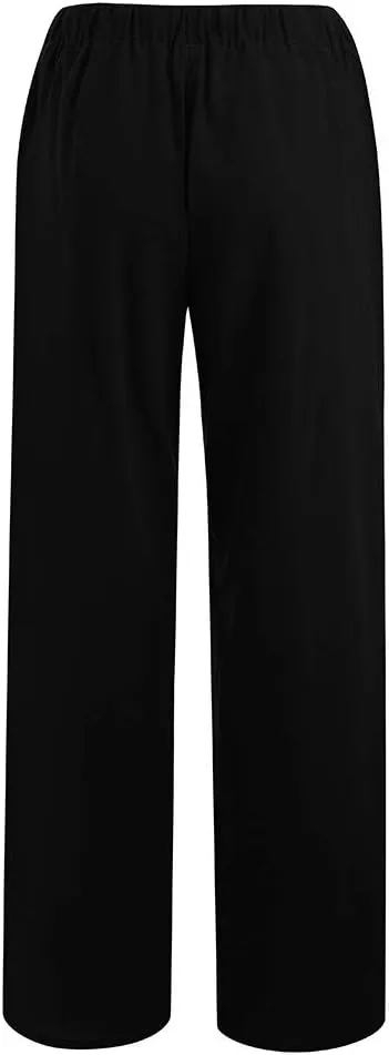 Women Linen Blend Summer Loose Flowy Palazzo Lounge Pants High Waist Bootcut Slim-Fit Trouser Work Business