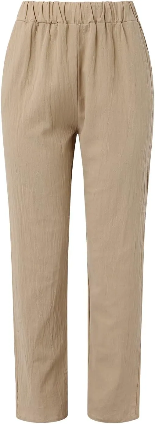 Women Linen Blend Summer Trendy Pant Trousers Elastic Waist Ankle Length Slim Fit Pant Trousers Beach