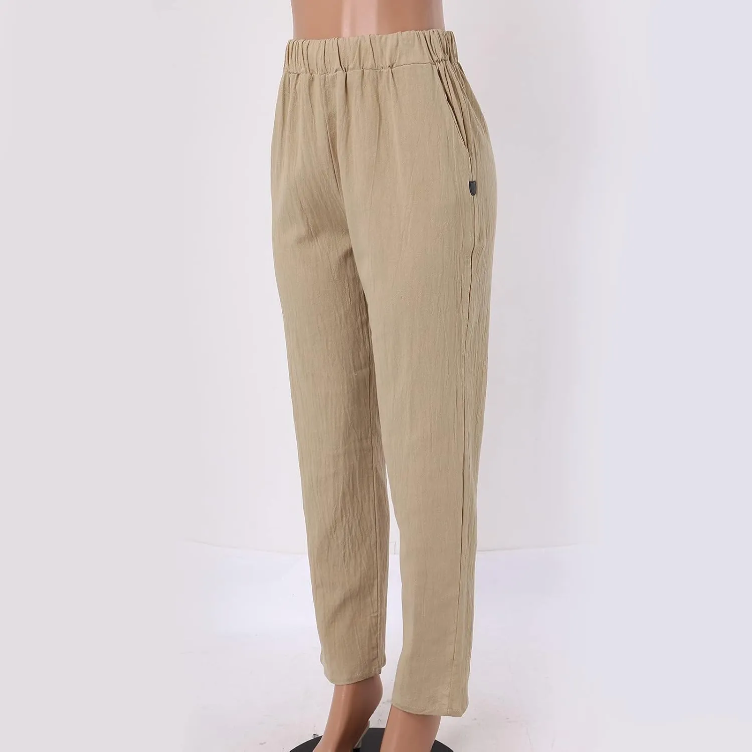 Women Linen Blend Summer Trendy Pant Trousers Elastic Waist Ankle Length Slim Fit Pant Trousers Beach