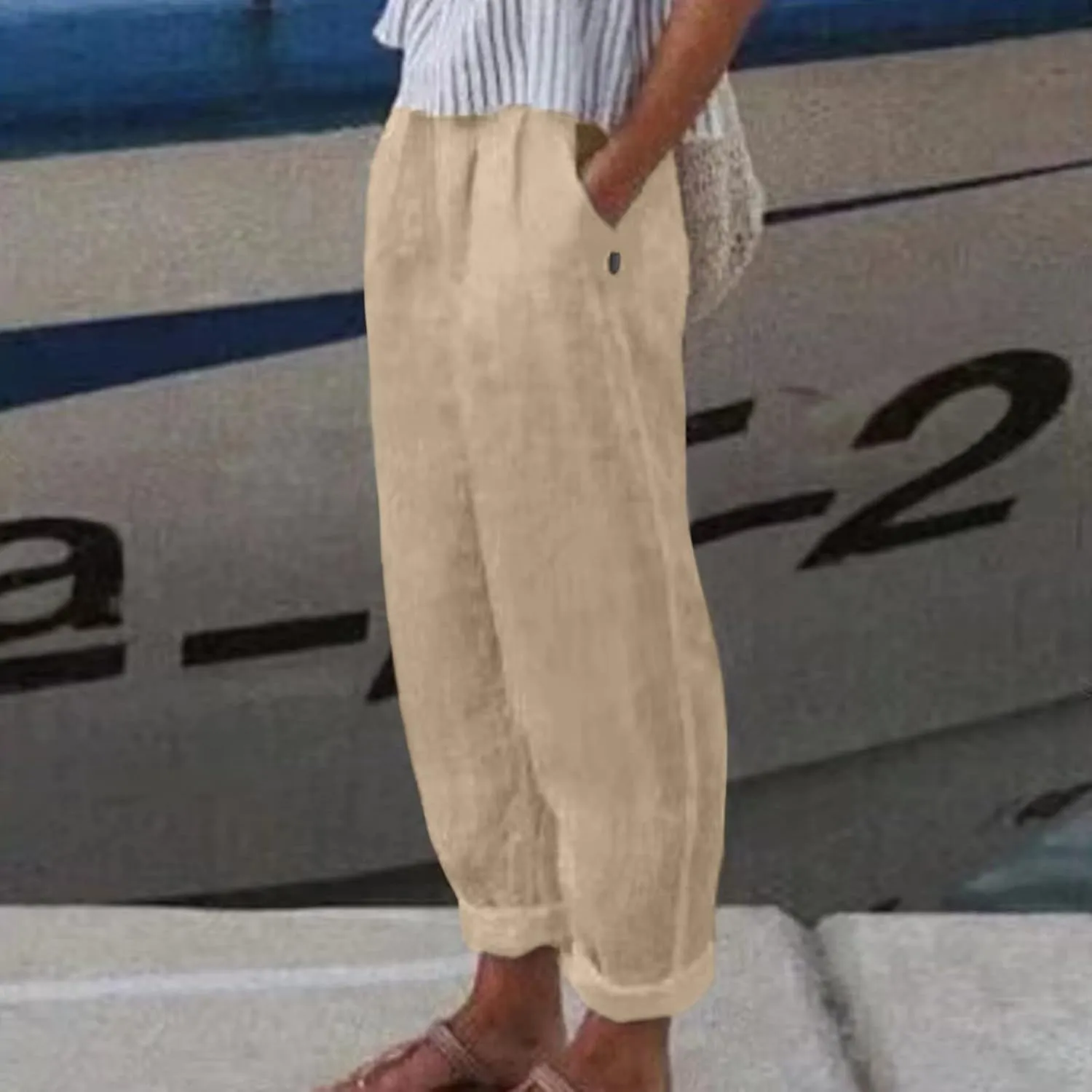 Women Linen Blend Summer Trendy Pant Trousers Elastic Waist Ankle Length Slim Fit Pant Trousers Beach