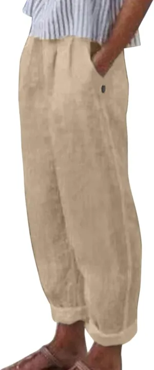 Women Linen Blend Summer Trendy Pant Trousers Elastic Waist Ankle Length Slim Fit Pant Trousers Beach