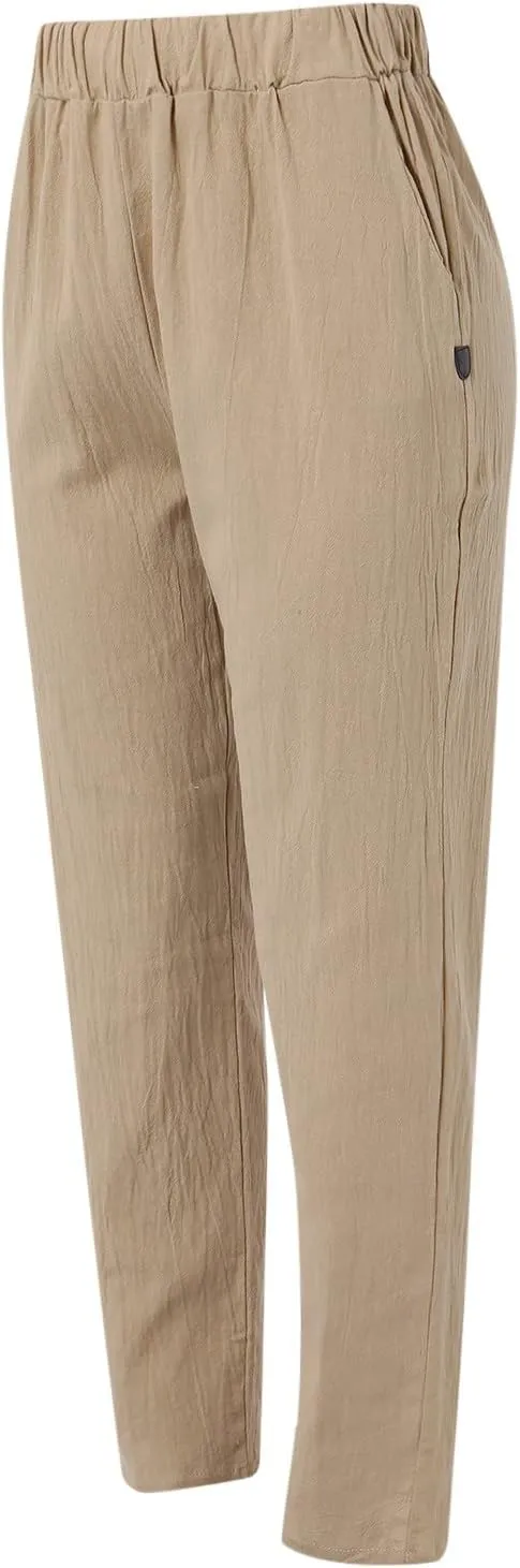 Women Linen Blend Summer Trendy Pant Trousers Elastic Waist Ankle Length Slim Fit Pant Trousers Beach
