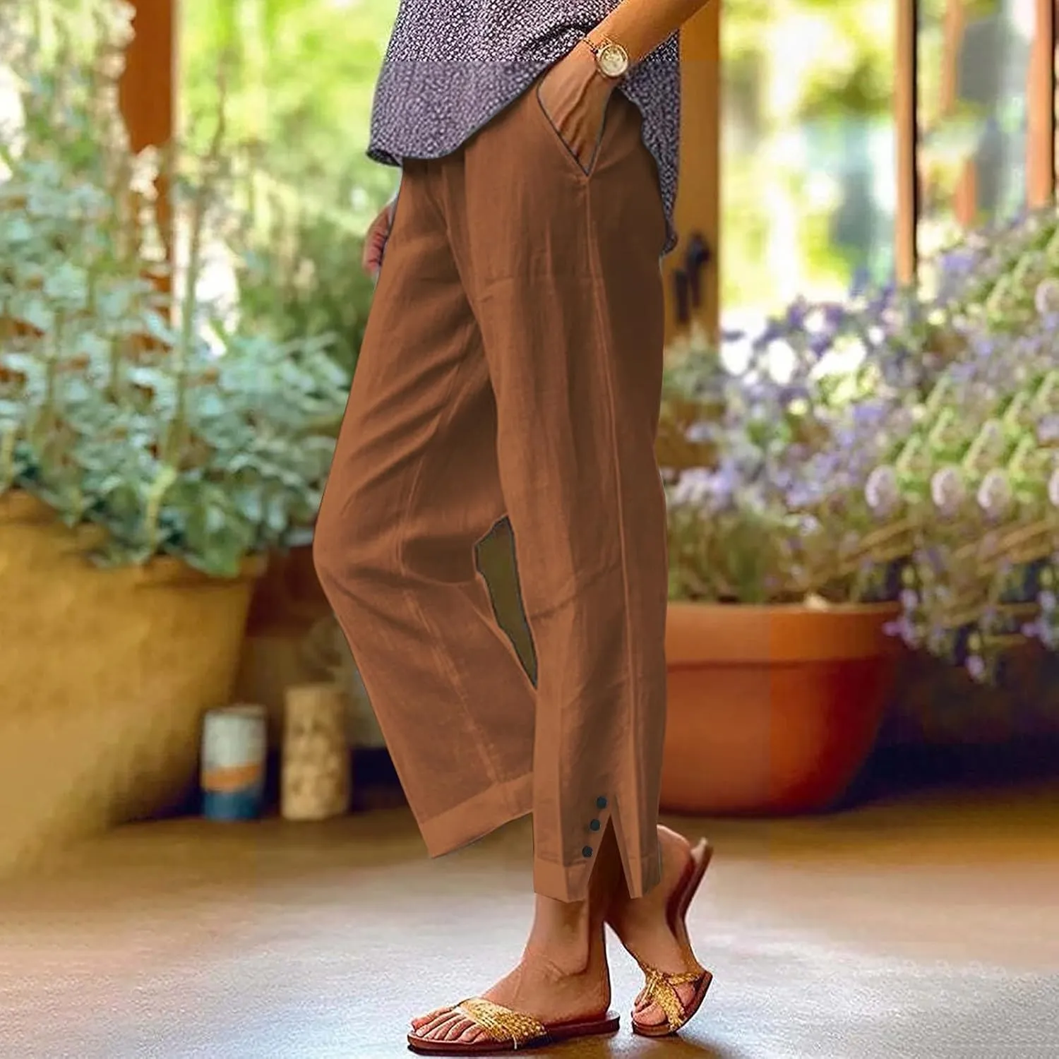 Women Linen Pants Solid Elastic Pants Long Drawstring Linen Women Waist Cotton Casual Slit Trouser Legs Slacks for