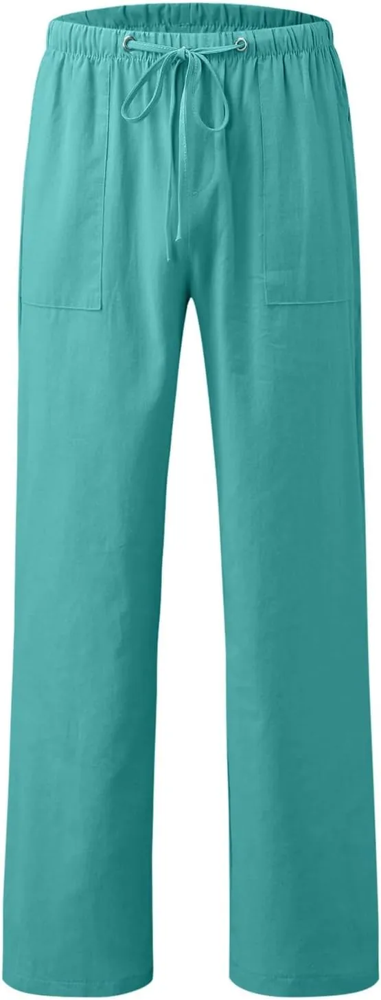 Women Linen Summer Flowy Pants Elastic Waist Ankle Length Slim-Fit Palazzo Lounge Pants Beach