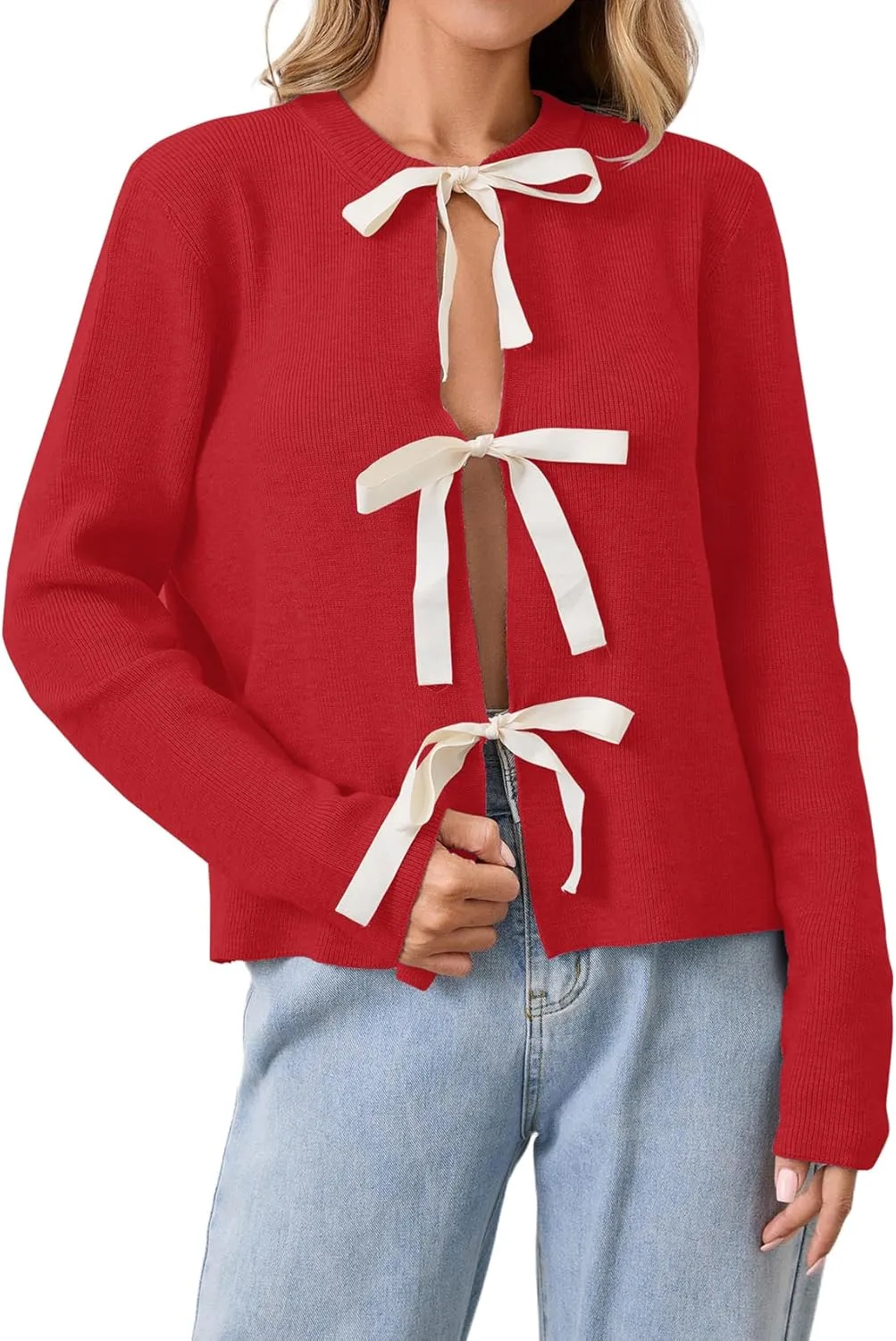 Women Long Sleeve Bow Tie Front Cardigan Sweater Open Front Knit Pullover Tops Casual 2024 Fall Winter
