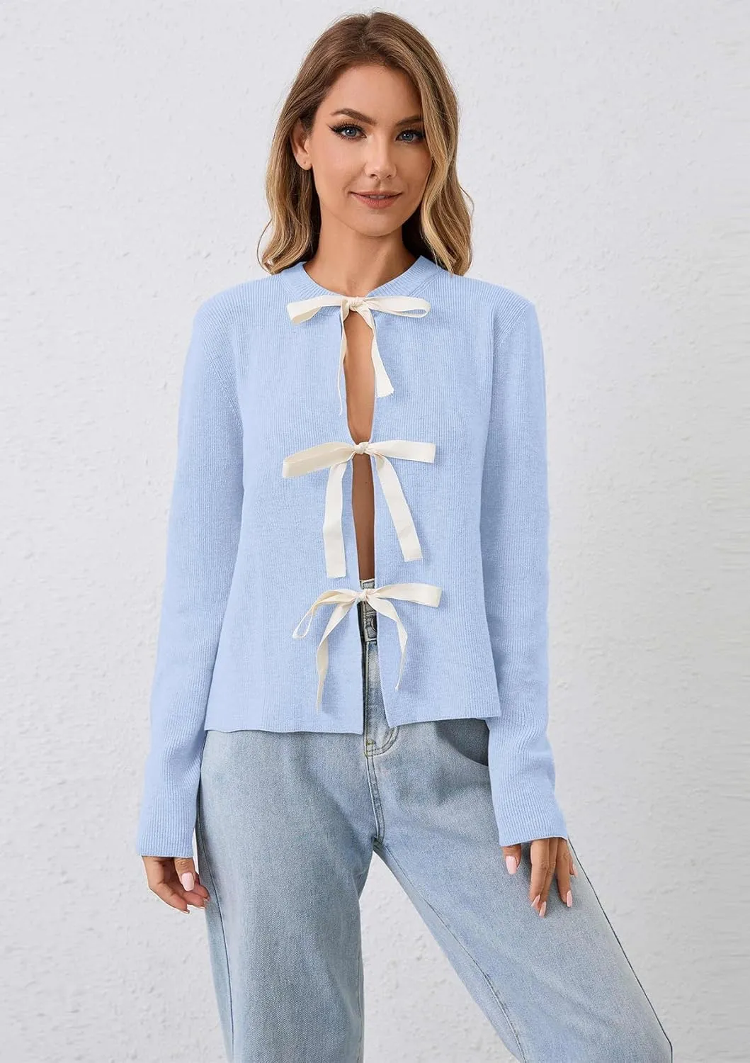 Women Long Sleeve Bow Tie Front Cardigan Sweater Open Front Knit Pullover Tops Casual 2024 Fall Winter