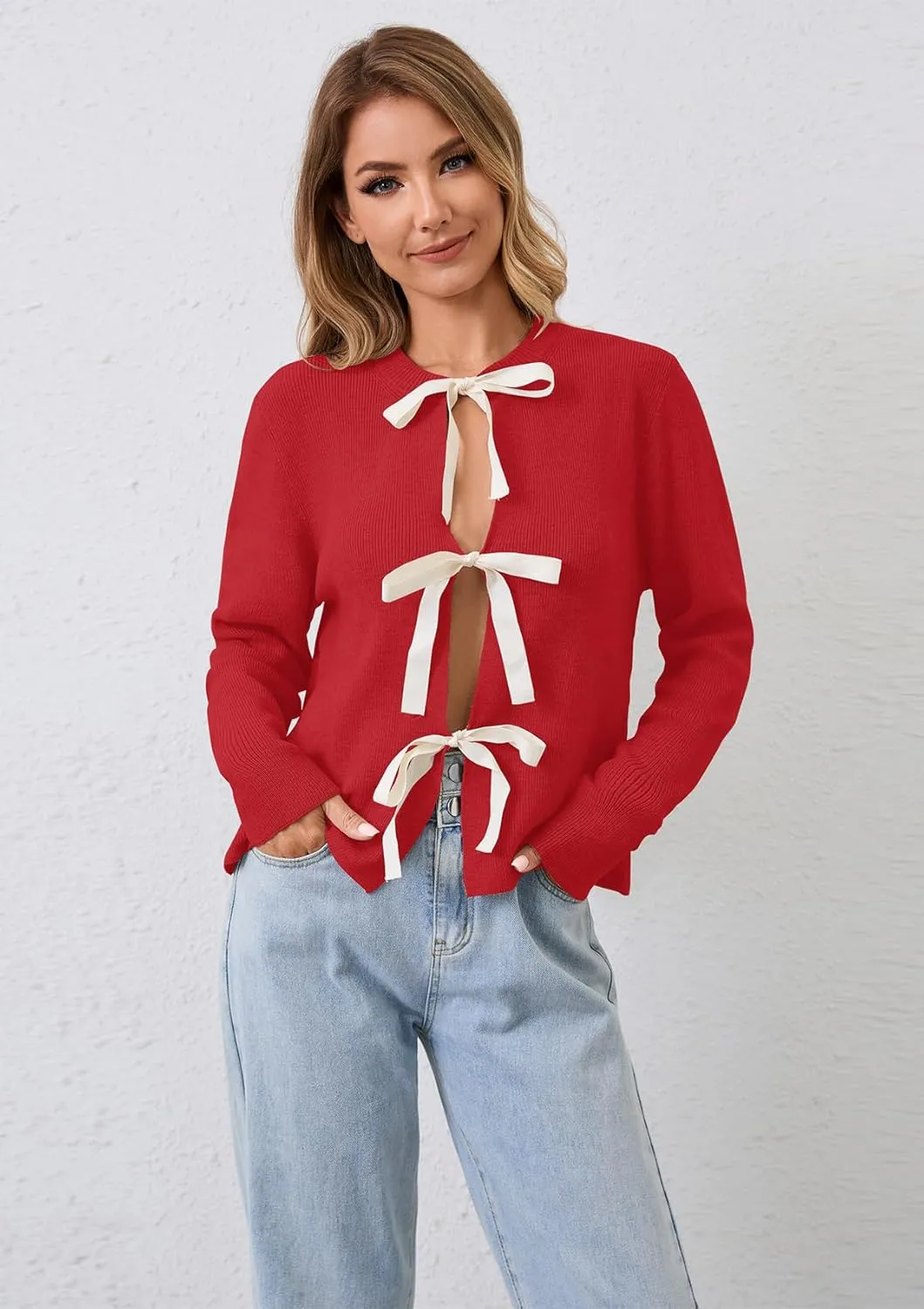 Women Long Sleeve Bow Tie Front Cardigan Sweater Open Front Knit Pullover Tops Casual 2024 Fall Winter