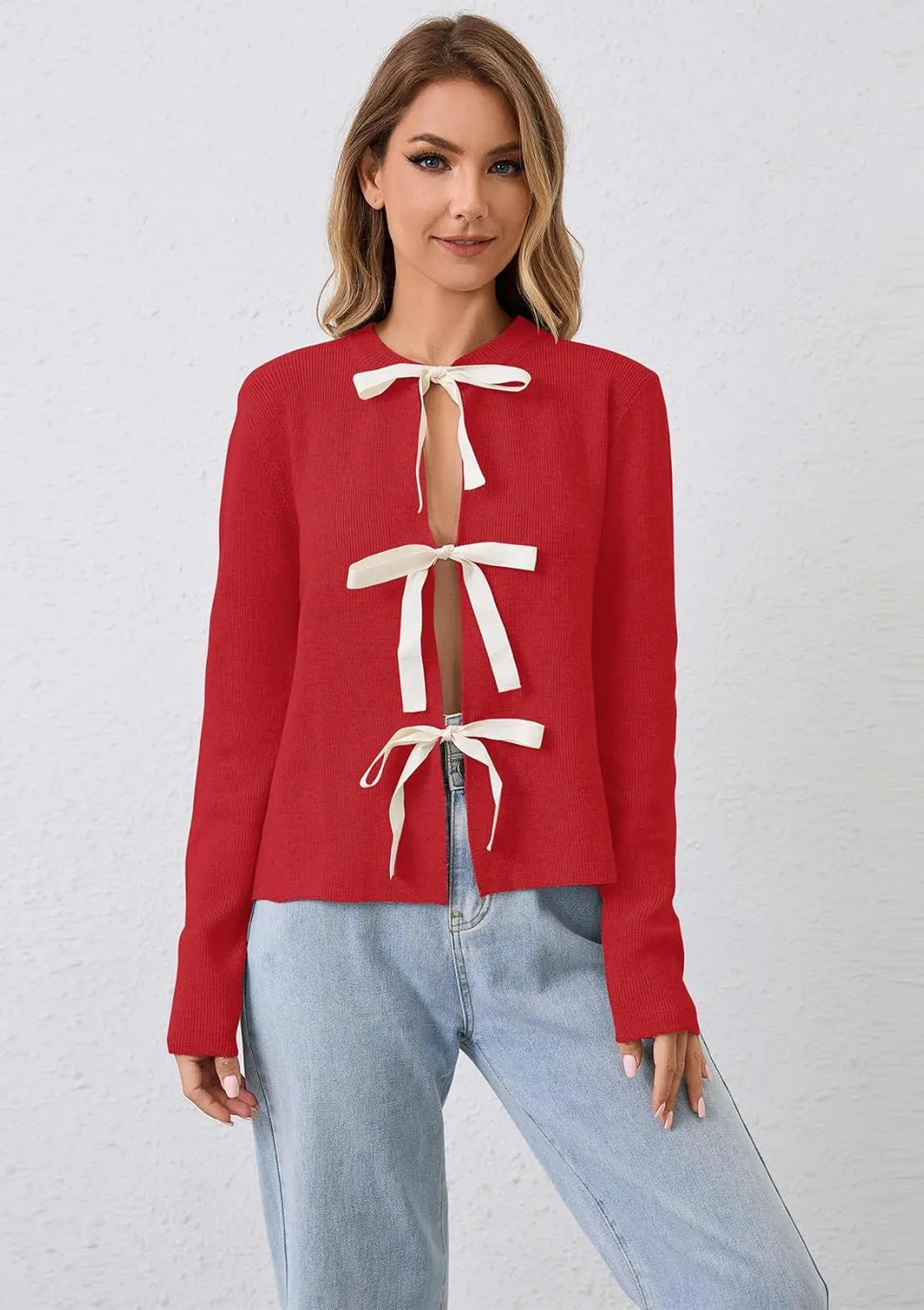 Women Long Sleeve Bow Tie Front Cardigan Sweater Open Front Knit Pullover Tops Casual 2024 Fall Winter