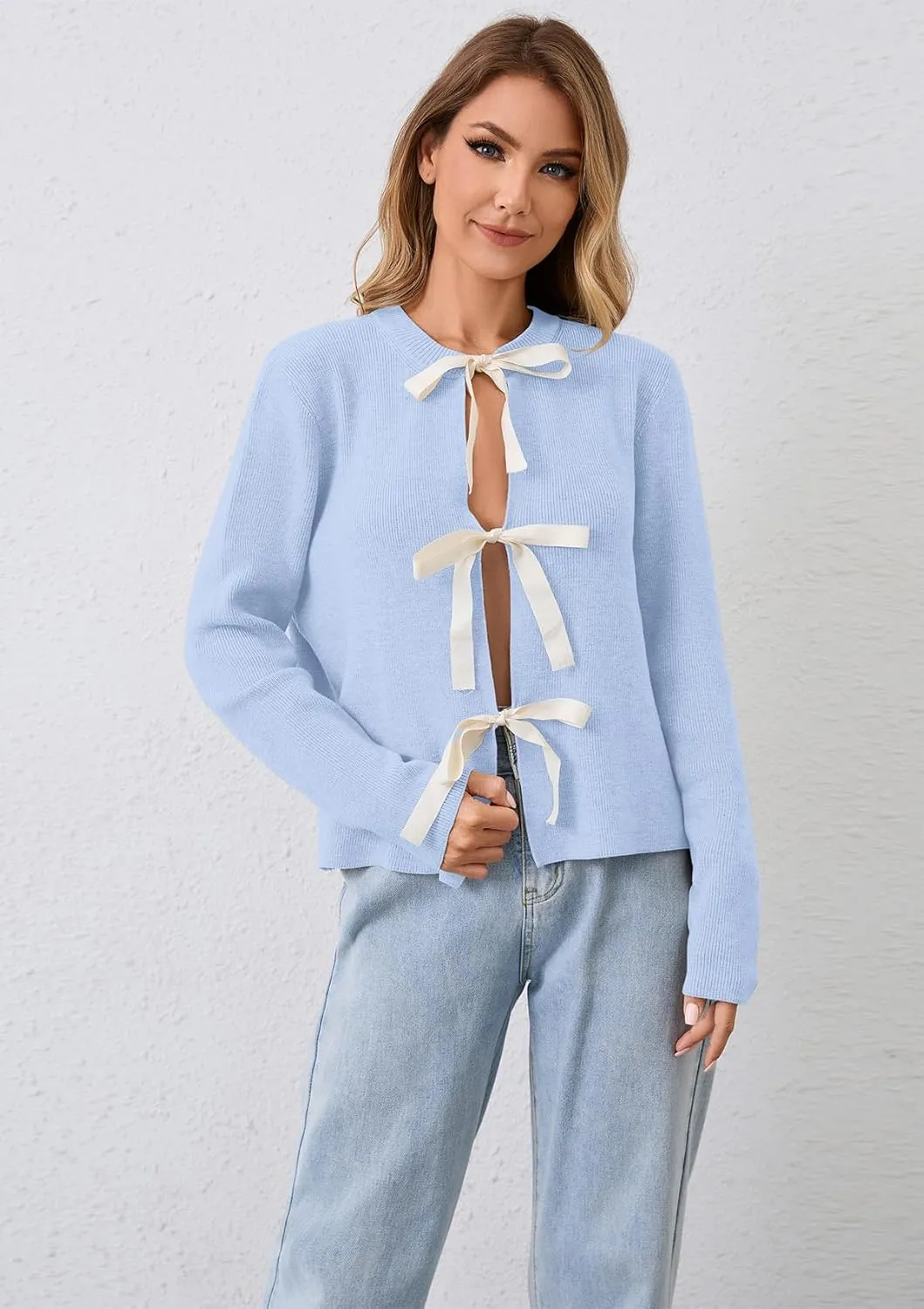Women Long Sleeve Bow Tie Front Cardigan Sweater Open Front Knit Pullover Tops Casual 2024 Fall Winter