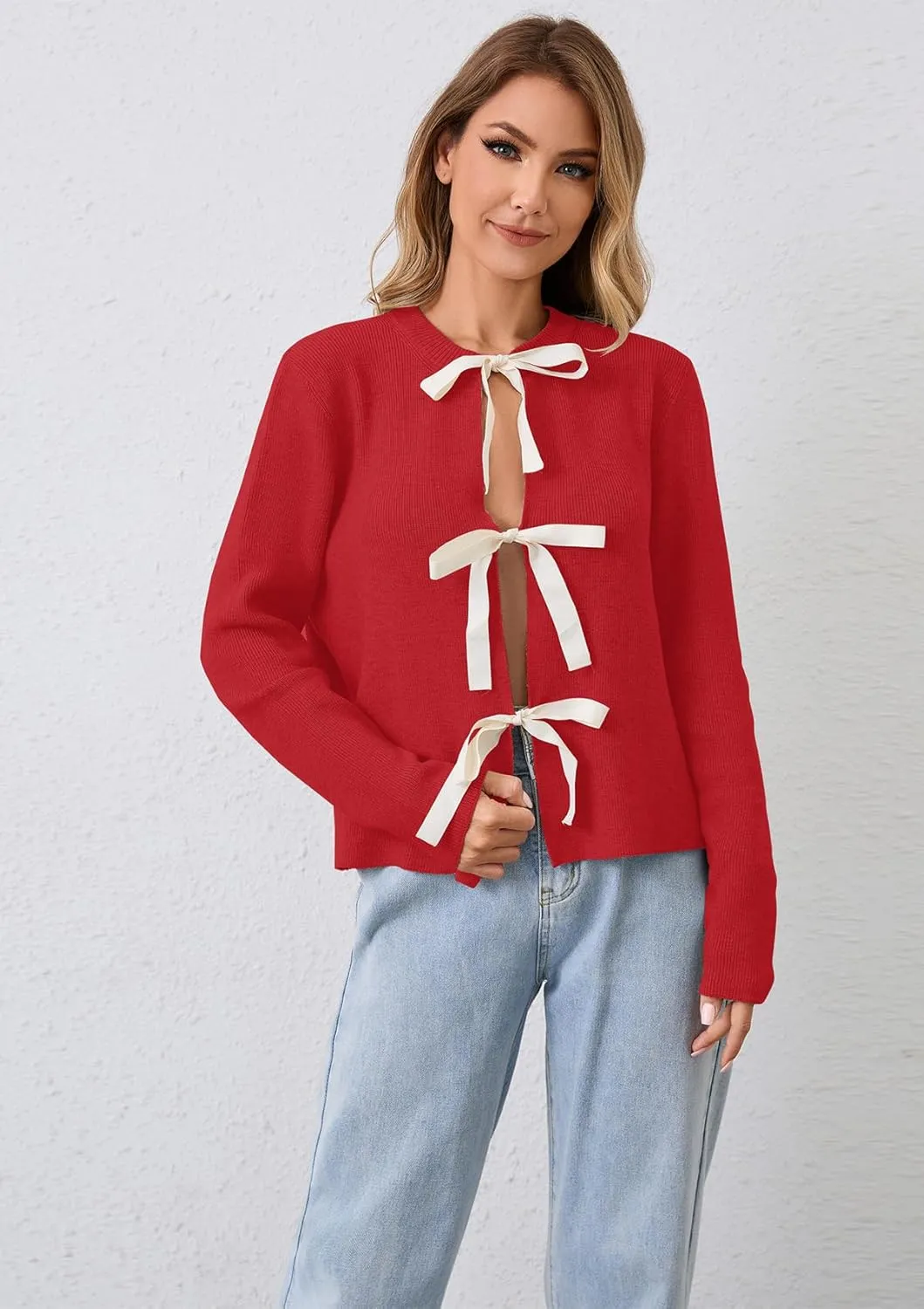 Women Long Sleeve Bow Tie Front Cardigan Sweater Open Front Knit Pullover Tops Casual 2024 Fall Winter