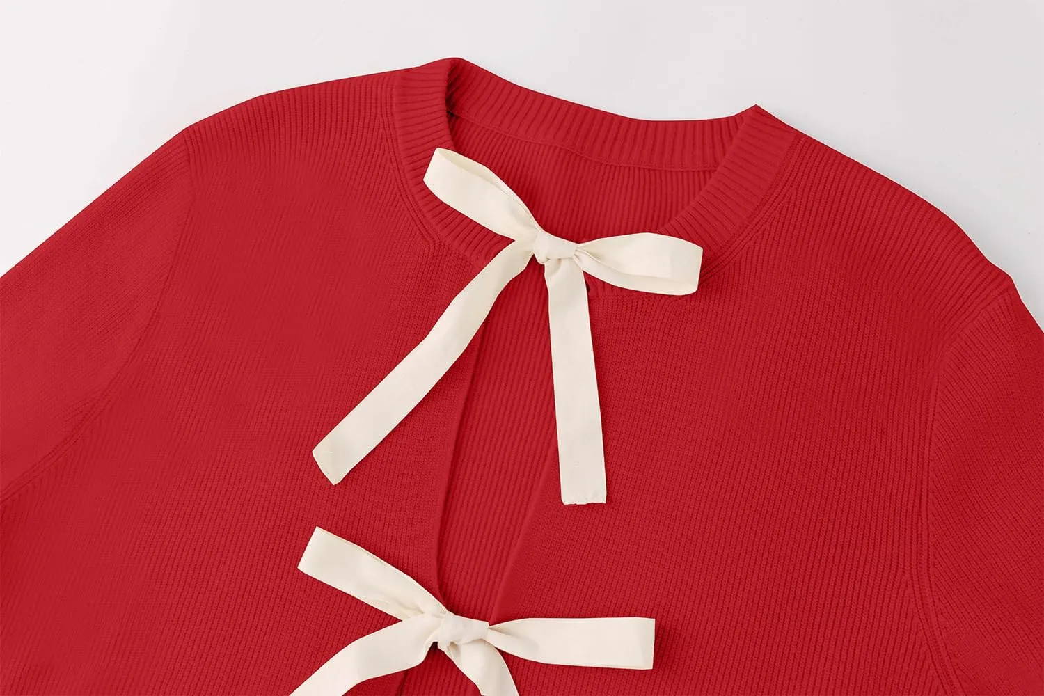 Women Long Sleeve Bow Tie Front Cardigan Sweater Open Front Knit Pullover Tops Casual 2024 Fall Winter