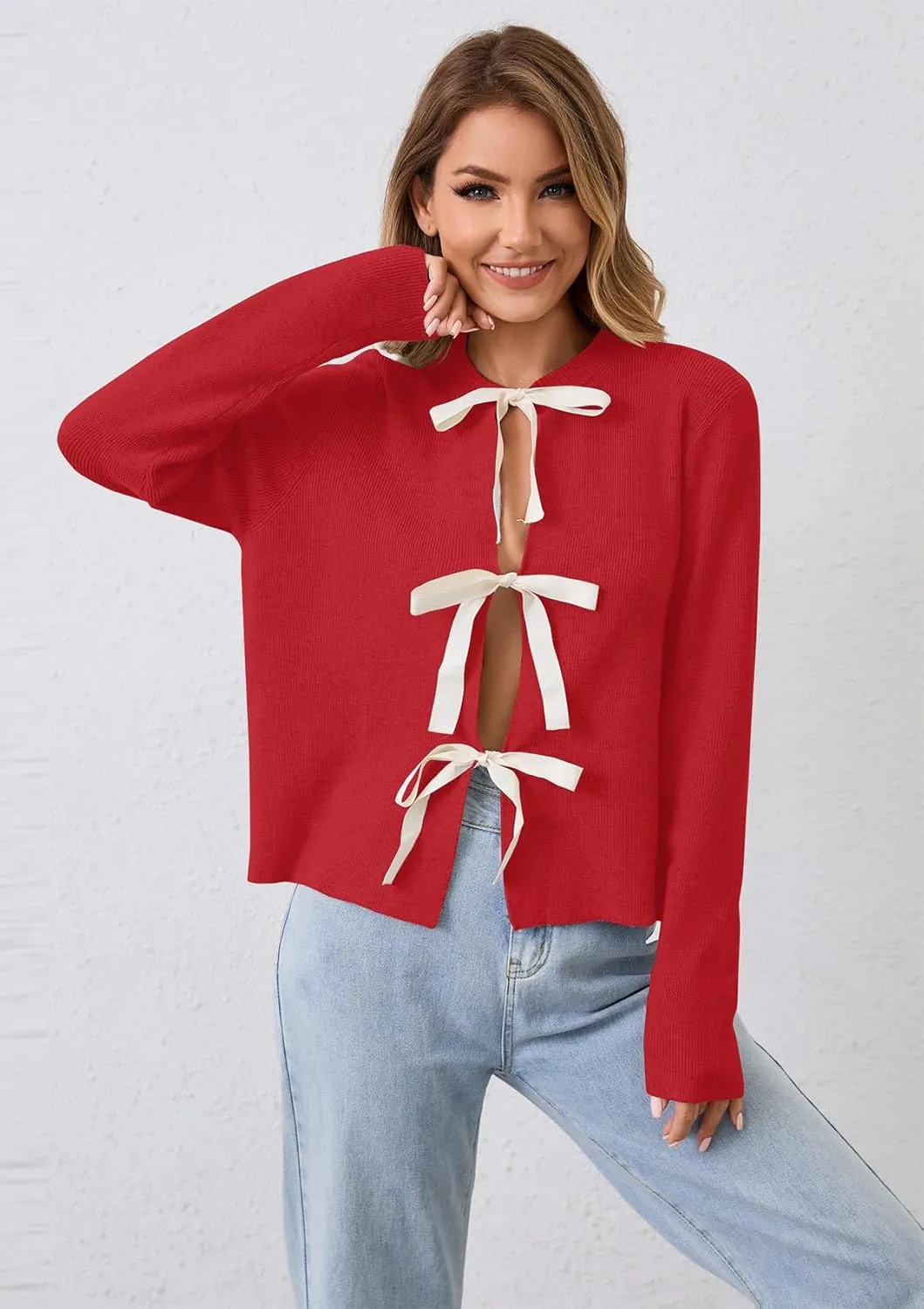 Women Long Sleeve Bow Tie Front Cardigan Sweater Open Front Knit Pullover Tops Casual 2024 Fall Winter